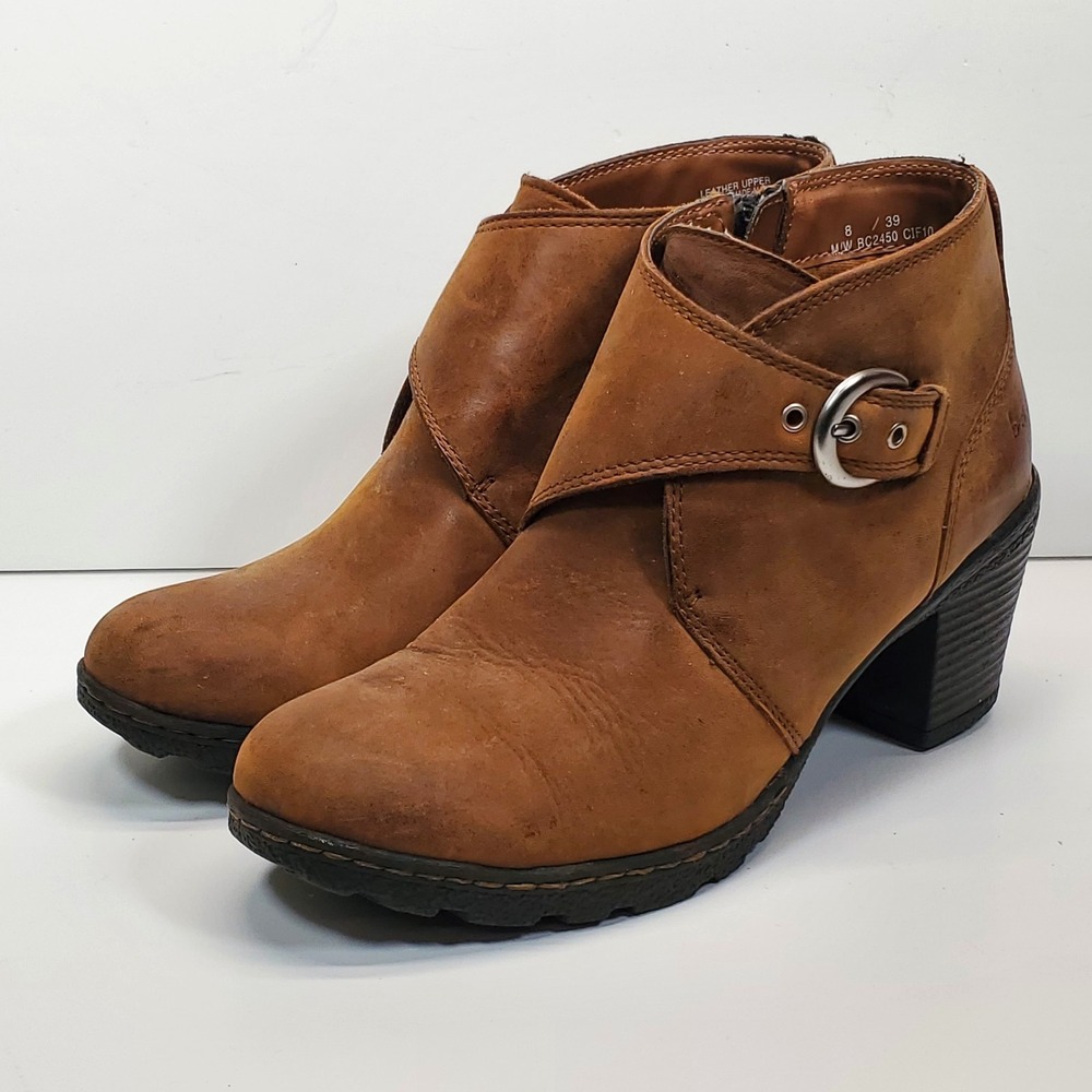 BOC Born Women's Suede Leather Zip Ankle Boots SZ 8 Brown Booties Buckle 3" Heel